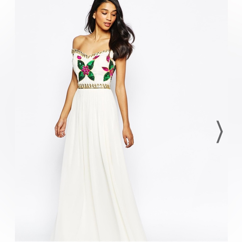 Virgos Lounge Sarah Grace Embellished Bardot Neck Maxi Dress With Pleated Skirt